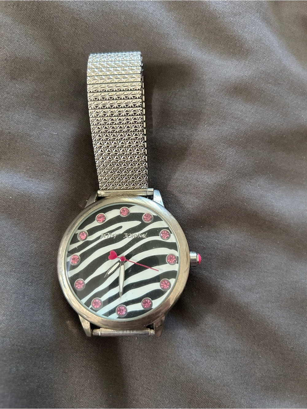 Betsey Johnson Silver Zebra Print Watch with Pink Accents